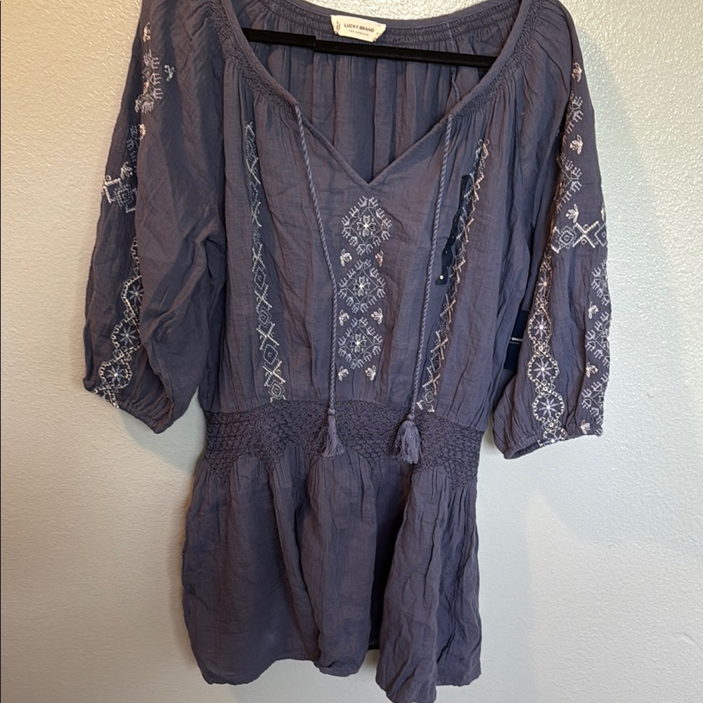 Lucky Brand Gray Embroidered Peplum Blouse